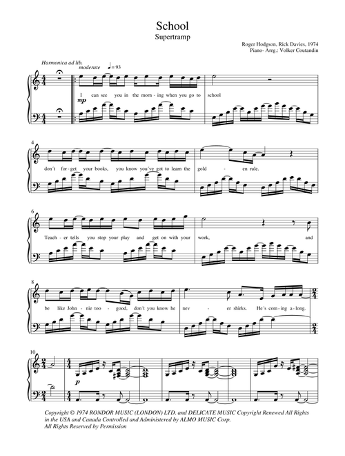 School (Arr. Volker Coutandin) - Supertramp (Piano Vocal)
