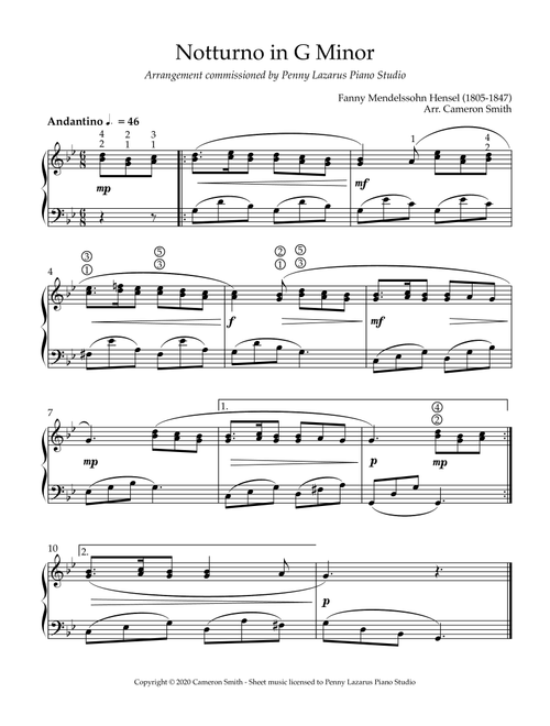 Notturno in G Minor - Level 4 piano arrangement (Arr. Cameron Smith) - Fanny Mendelssohn Hensel (1805-1847) (Piano Solo)