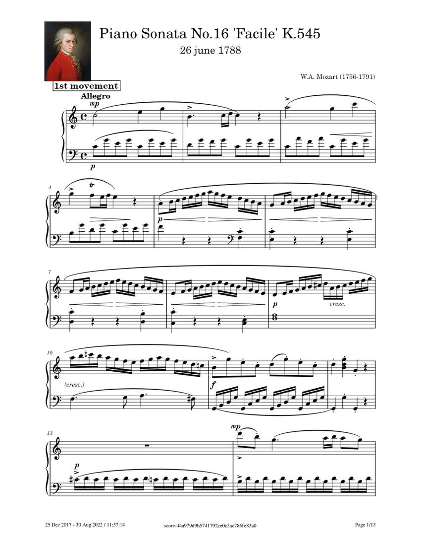 Sonata No 16, K.545 Wolfgang Amadeus Mozart Sonata No 16 "Facile" K