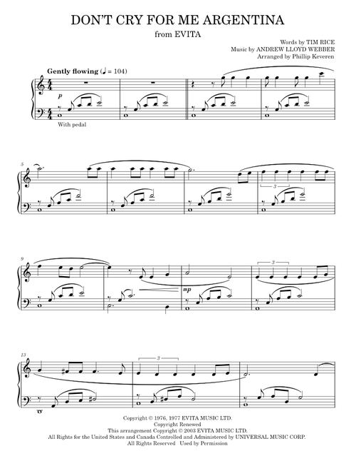 Don't Cry For Me Argentina - Andrew Lloyd Webber, Evita Musical (Piano Solo)