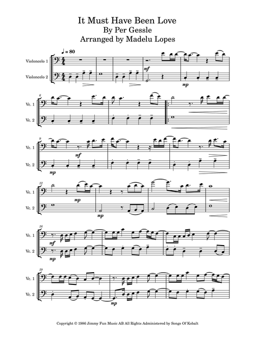 It Must Have Been Love (Arr. Madelu Lopes) - Roxette (Cello Duet)