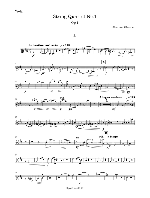 String Quartet No.1, Op.1 – Aleksandr Glazunov - Viola PART