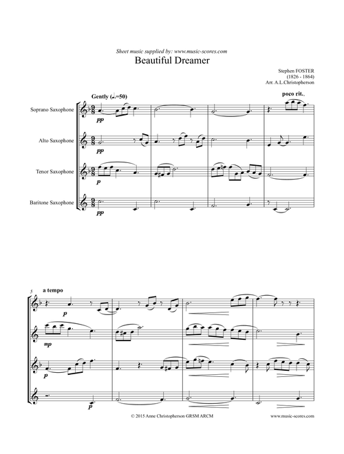 Beautiful Dreamer - Sax Quartet (Arr. Anne L Christopherson GRSM ARCM) - Foster, Stephen (Woodwind Ensemble)