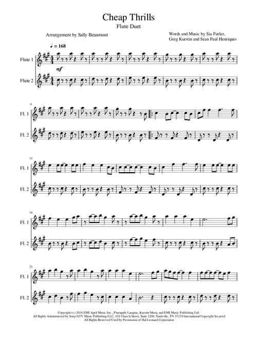Cheap Thrills (Arr. Sally Beaumont) - Sia feat. Sean Paul (Flute Duet)