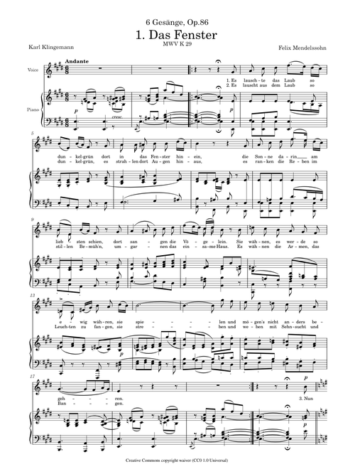 Mendelssohn, Felix – 6 Gesänge, Op.86, No.1 – Das Fenster