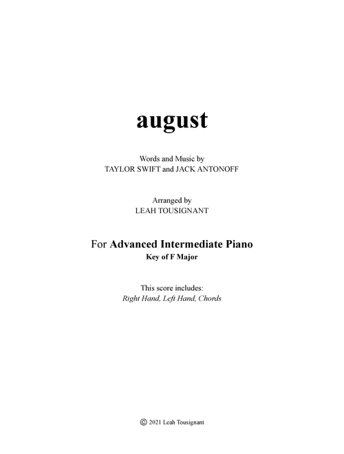 August (Arr. Leah Tousignant) - Taylor Swift (Piano Solo)