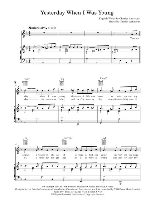 Yesterday, When I Was Young - Charles Aznavour (Piano-Vocal-Guitar (Piano Accompaniment))