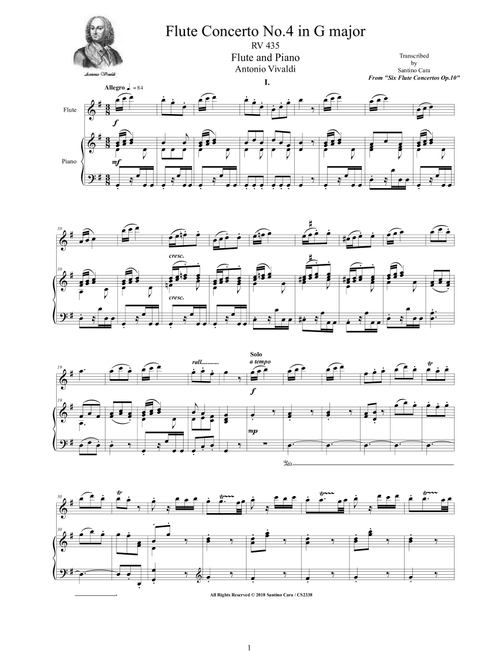 Vivaldi - Flute Concerto No.4 in G major Op.10 RV 435 for Flute and Piano (Arr. Santino Cara) - Vivaldi Antonio (Flute and Piano)