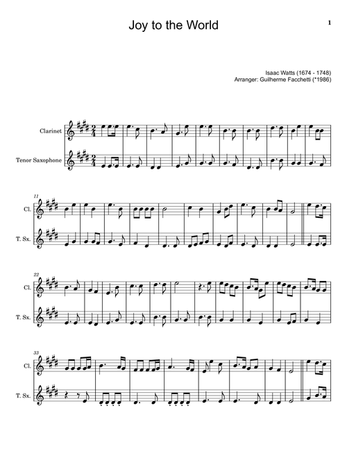 Joy to the World Clarinet and T. Sax. (Arr. Guilherme Facchetti) - Isaac Watts (Instrumental Duet)