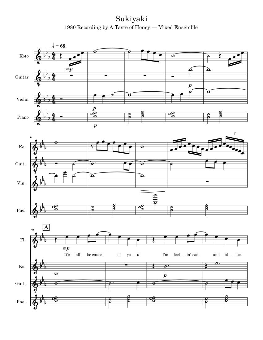 Sukiyaki – A Taste of Honey (Mixed Ensemble) Sheet Music for Piano