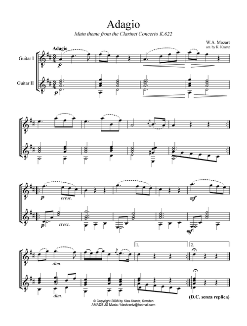 Adagio from the clarinet concerto for easy guitar duo (Arr. K. Krantz) - W.A. Mozart (Instrumental Duet)