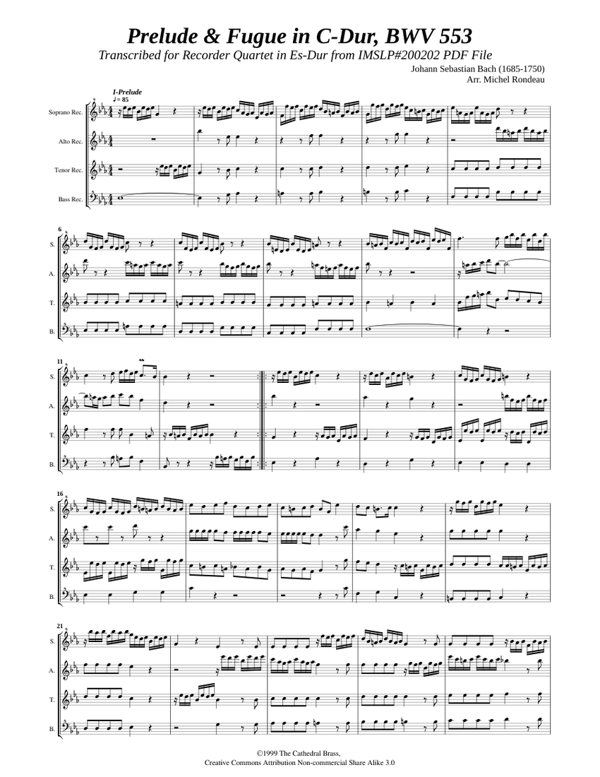 Bach, J. S. _ Prelude & Fugue in C-Dur, BWV 553 [4 Recorders] Sheet ...