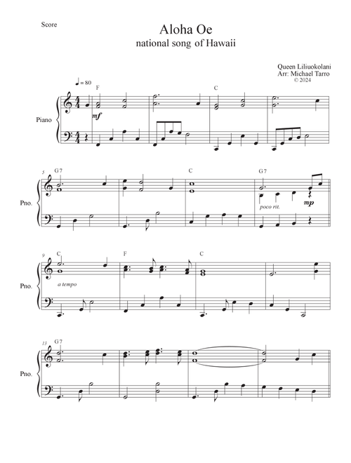 Aloha Oe (Arr. MICHAEL TARRO) - Queen Liliuokani (Piano Chords-Lyrics)