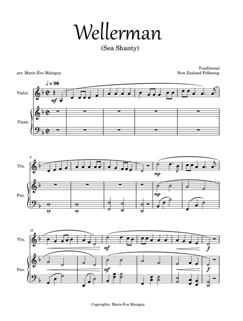 Wellerman (Arr. Marie-Ève Mainguy) - Traditional (Violin and Piano)