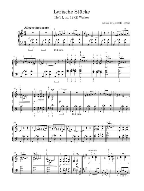 Grieg - Lyrische Stücke - Heft I, op. 12 (2) Walzer [with fingering]