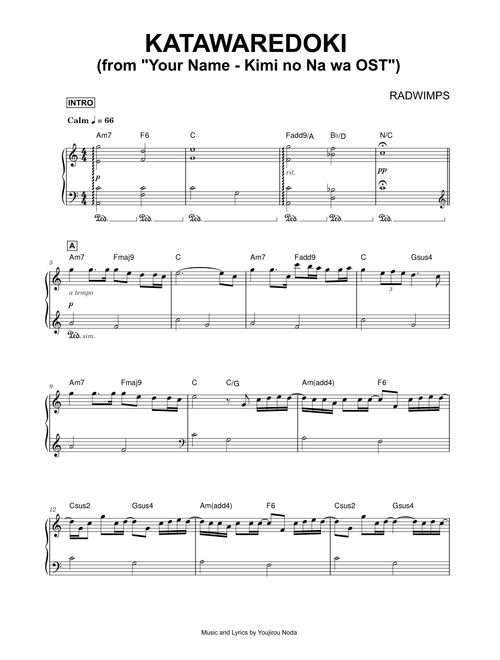 Katawaredoki (from Your Name - Kimi no Na wa OST) - RADWIMPS (Piano)