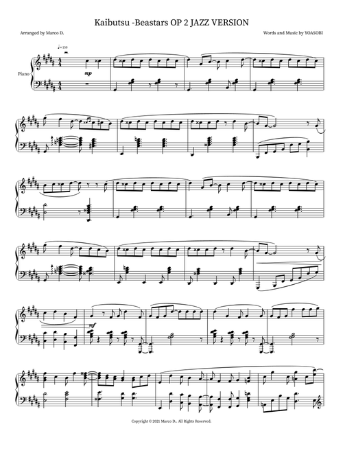 Kaibutsu -Beastars OP 2 JAZZ VERSION (Arr. Marco D.) - YOASOBI (Piano Solo)
