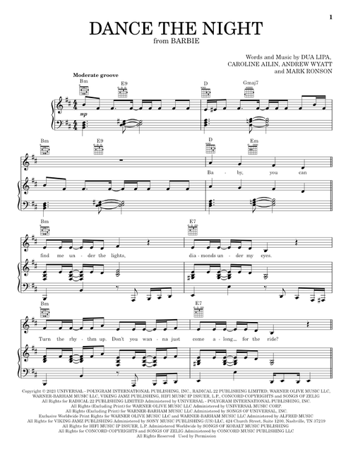 Dance The Night (from Barbie The Album) - Dua Lipa (Piano-Vocal-Guitar)