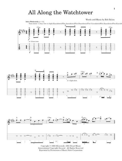 All Along The Watchtower - Bob Dylan, The Jimi Hendrix Experience (School of Rock - Guitar Tab)