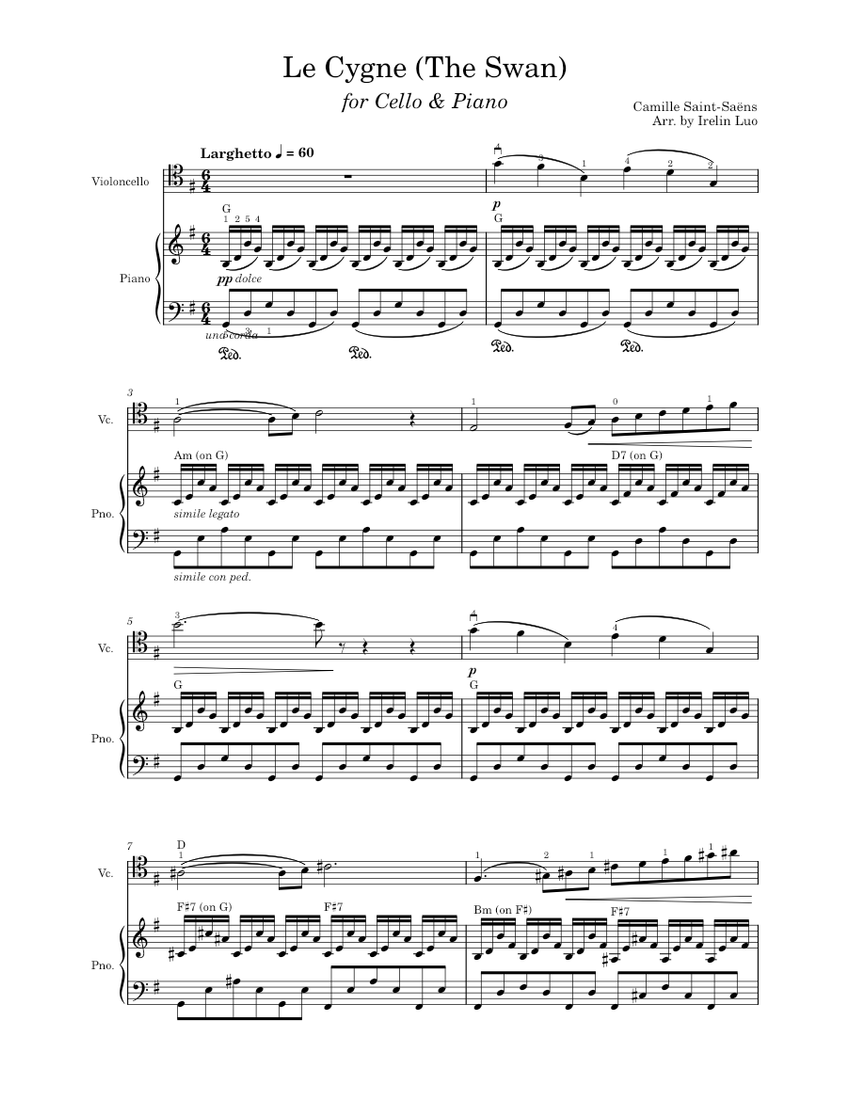 Le Cygne(The Swan)Cello & Piano Sheet music for Piano, Cello (Mixed