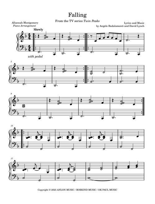 Falling (Arr. Allannah Montgomery) - Angelo Badalamenti (Easy Piano)