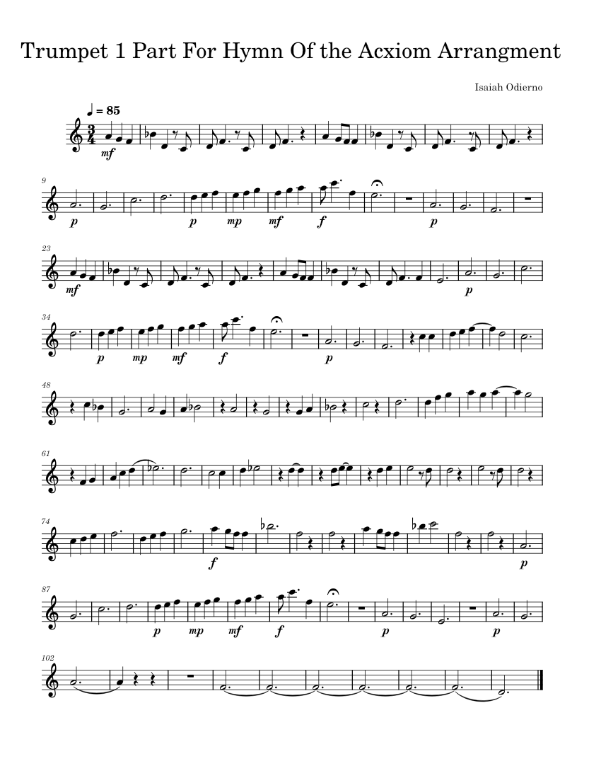 Trumpet 1 Part For Hymn Of the Acxiom Arrangment Sheet music for
