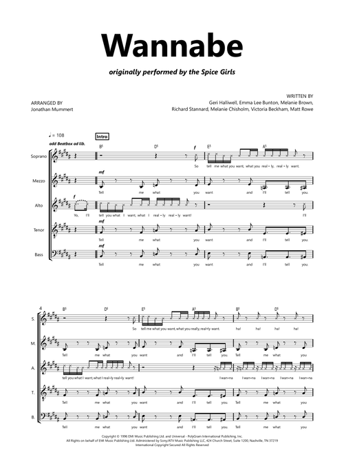 Wannabe (Arr. Jonathan Mummert) - Spice Girls (Choral, 5-Part)