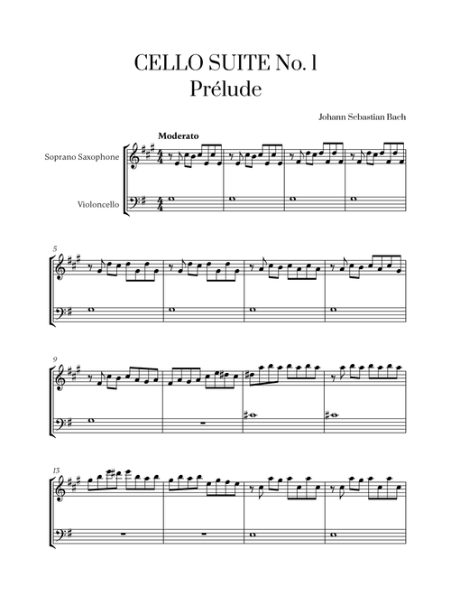 Johann Sebastian Bach - Cello Suite No. 1 in G Major, Prelude for Soprano Saxophone and Cello (Arr. Cadenza Editions) (Instrumental Duet)