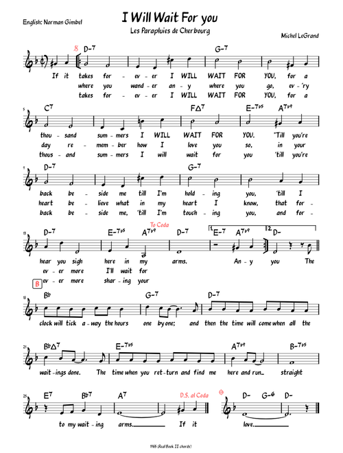 I Will Wait For You (Lead sheet with lyrics )