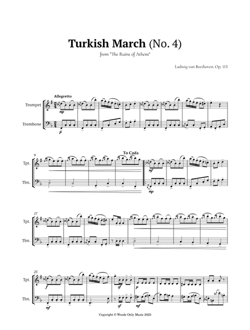 Turkish March by Beethoven for Trumpet and Trombone Duet (Arr. Ander) (Instrumental Duet)