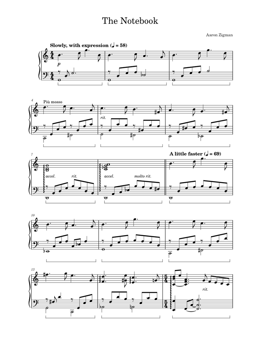 The Notebook Theme Aaron Zigman Sheet Music for Piano (Solo) Easy