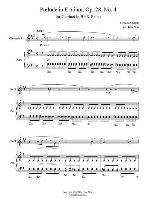 Prelude in E minor, Op. 28, No. 4 (Arr. Toni Nita) - Frédéric Chopin (Clarinet and Piano)