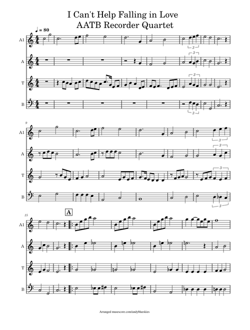 Can't Help Falling In Love AATB Recorder Quartet