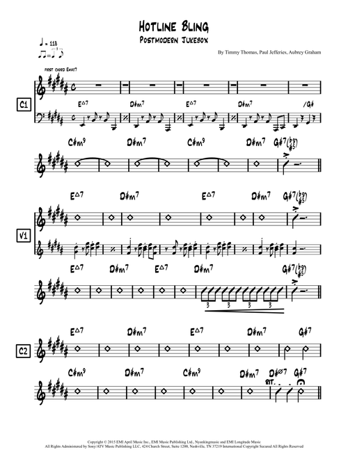 Hotline Bling (Arr. Lef Germenlis) - Drake (Lead Sheet - Fake Book)
