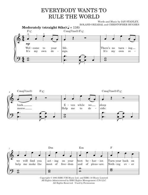 Everybody Wants To Rule The World - Tears For Fears (Easy Piano)