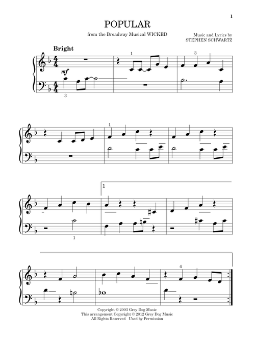 Popular (from Wicked) - Stephen Schwartz (Beginning Piano Solo)
