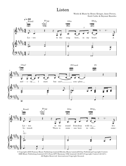 Listen (from Dreamgirls) - Beyonce (Piano-Vocal-Guitar (Piano Accompaniment))