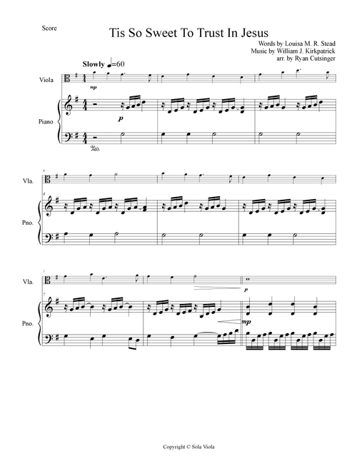 Tis So Sweet To Trust In Jesus-Piano Accompaniment (Arr. Ryan Cutsinger) - Louisa M. R. Stead, William J. Kirkpatrick (Viola and Piano)