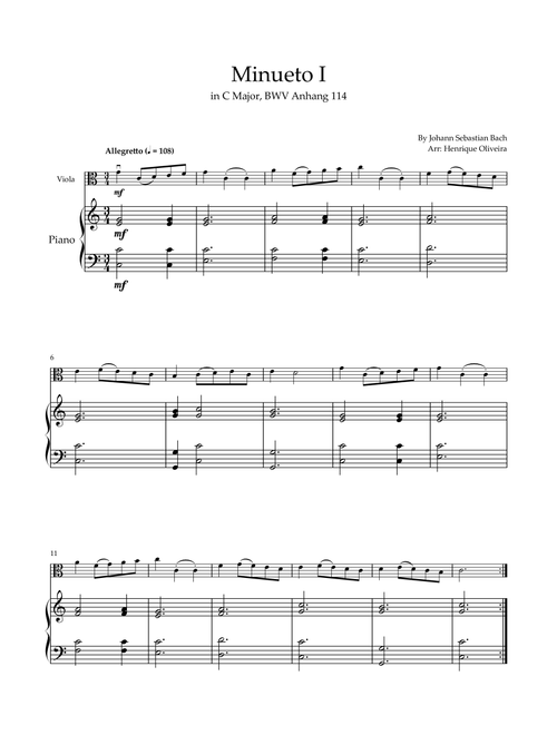 Minueto I in C Major, BWV Anhang 114 (Viola and Piano) (Arr. Henrique Oliveira) - Johann Sebastian Bach (Viola and Piano)