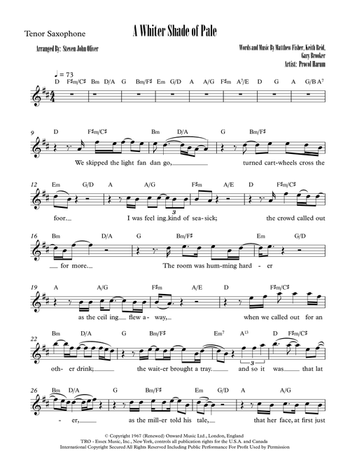 A Whiter Shade Of Pale (Arr. Steven John Oliver) - Procol Harum (Tenor Sax Solo)