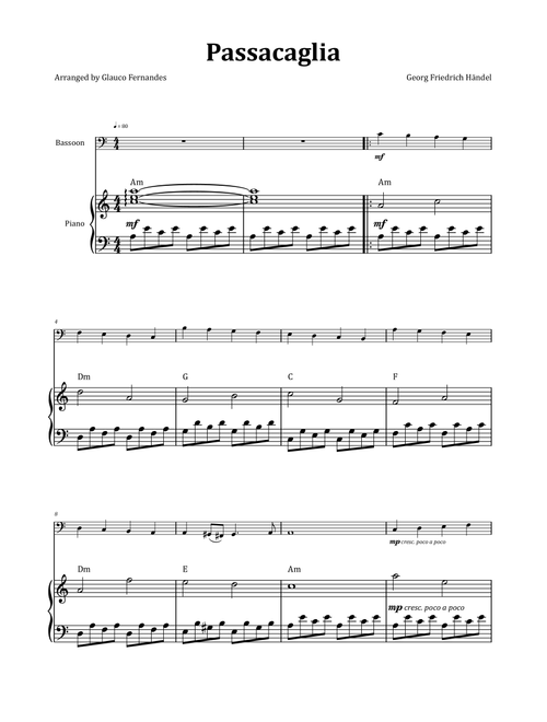 Passacaglia by Handel/Halvorsen - Bassoon & Piano with Chord Notation (Arr. Glauco Fernandes) - Georg Friedrich Händel (Bassoon and Piano)