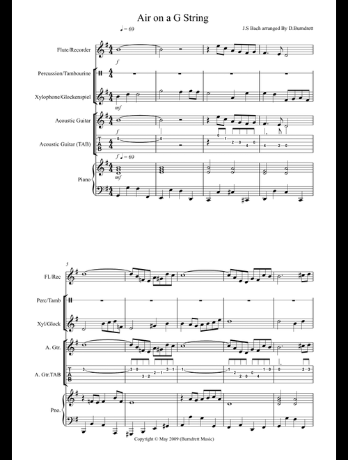 Air on a G String for Classroom/Orff Ensemble (Arr. D.Burndrett) - J.S Bach (Small Ensemble)