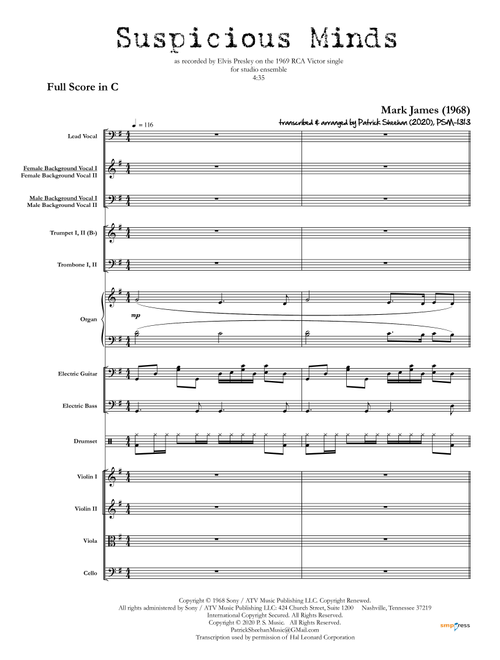 Suspicious Minds (Arr. Patrick Sheehan) - Elvis Presley (Choral, SATB)