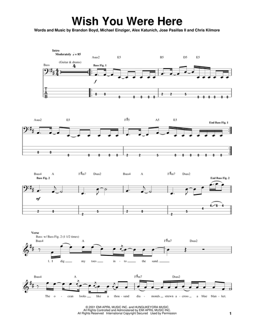 Wish You Were Here - Incubus (Bass Tab)