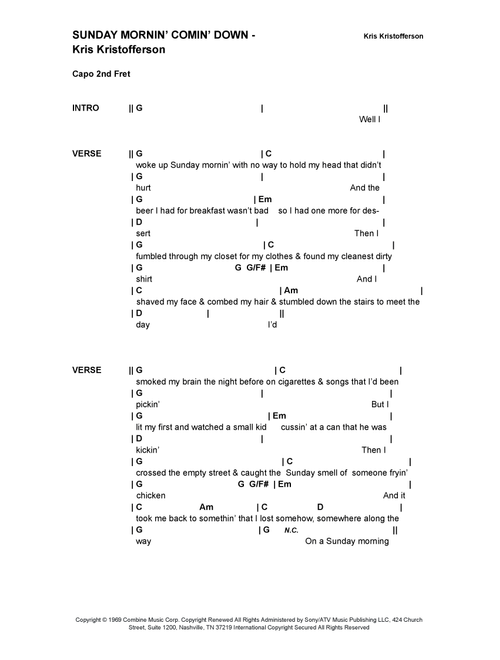 Sunday Mornin' Comin' Down (Arr. Bronson Ferdinand Wright) - Kris Kristofferson (Guitar Chords-Lyrics)