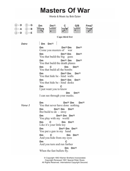Masters Of War - Bob Dylan (Guitar Chords-Lyrics)