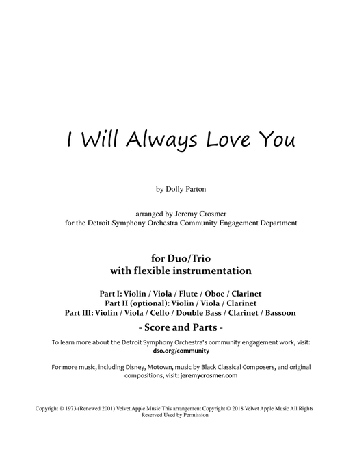 I Will Always Love You (Arr. Jeremy Crosmer) - Whitney Houston (Small Ensemble)