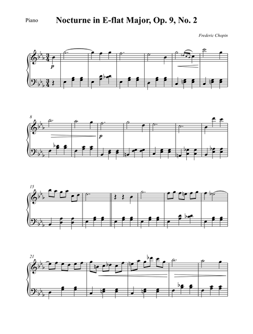 Chopin – Nocturne in E-flat Major, Op. 9 No. 2 – Piano Sheet Music (Easy Intermediate) (Arr. Wesley S. SIlva) - Frederic Chopin (Piano Solo)