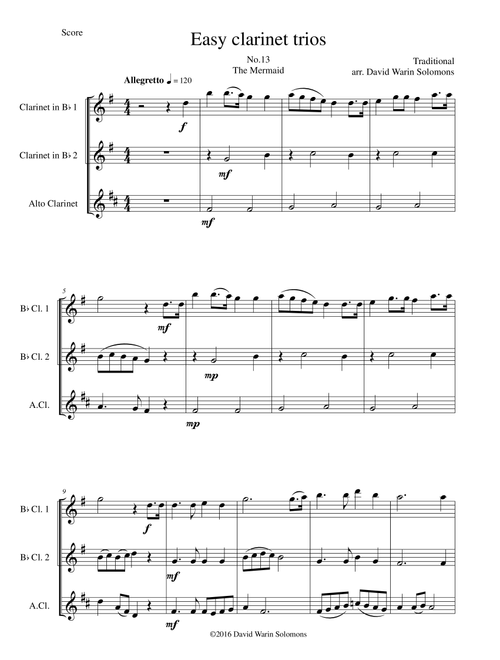 The Mermaid for clarinet trio (2 B flats and 1 Alto) (Arr. David Warin Solomons) - Traditional (Woodwind Ensemble)