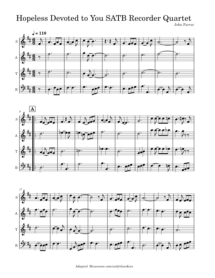 Hopelessly Devoted To You SATB Recorder Quartet Sheet music for